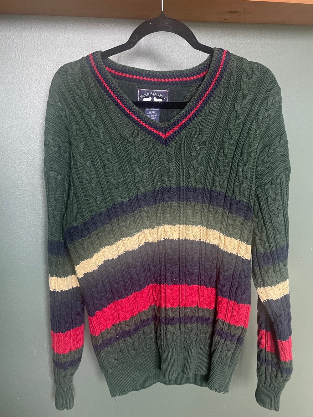 Vintage Men's Dark Green Cable-Knit V-Neck Sweater with Multi Stripes